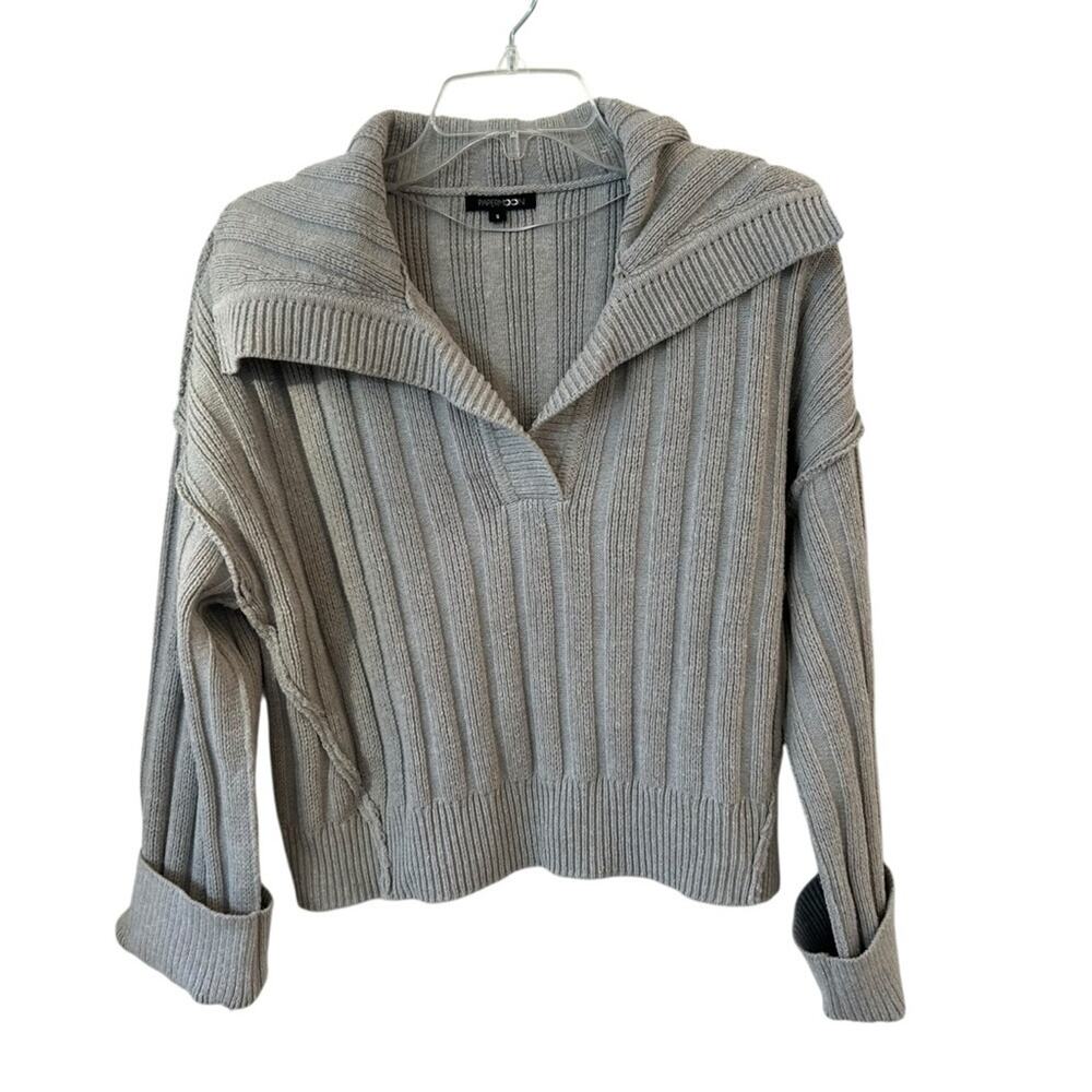 Gray Cowl V-Neck Boxy Oversized Sweater Ribbed Knit Preppy Minimalist Small